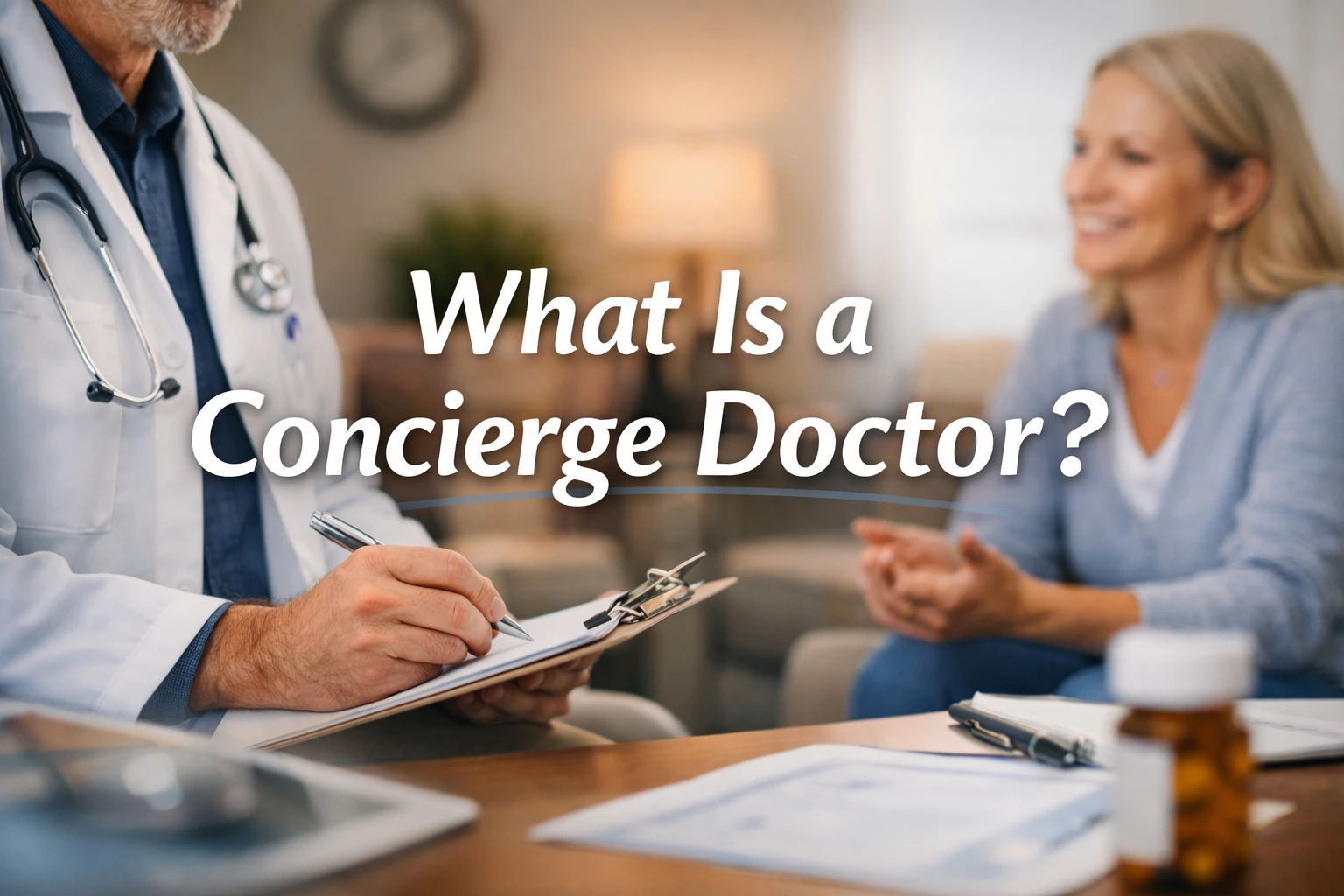 Doctor consulting with a patient during a medical appointment with overlay text reading “What Is a Concierge Doctor?”