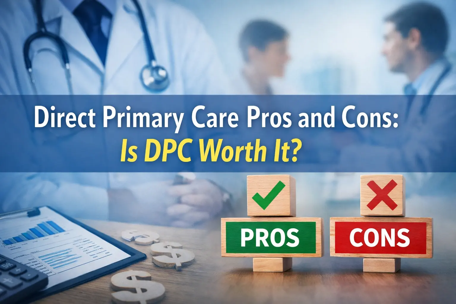 Horizontal banner showing a doctor consulting with a patient in the background, with overlay text reading “Direct Primary Care Pros and Cons: Is DPC Worth It?” and pros and cons blocks in the foreground.