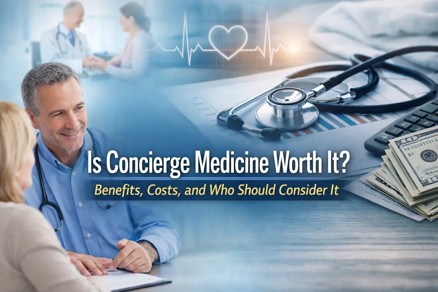 Doctor consulting with patient in a modern medical office with overlay text reading “Is Concierge Medicine Worth It? Benefits, Costs, and Who Should Consider It”