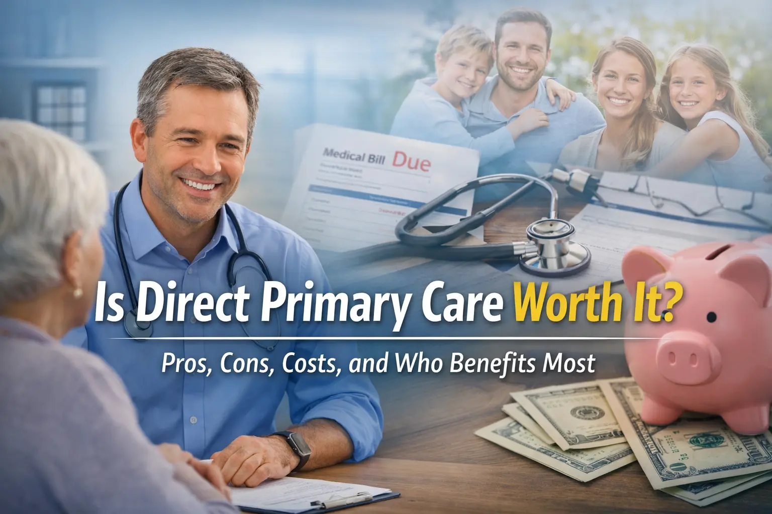 Doctor consulting with patient, medical bill, stethoscope, family, and piggy bank representing the cost and benefits of direct primary care membership.