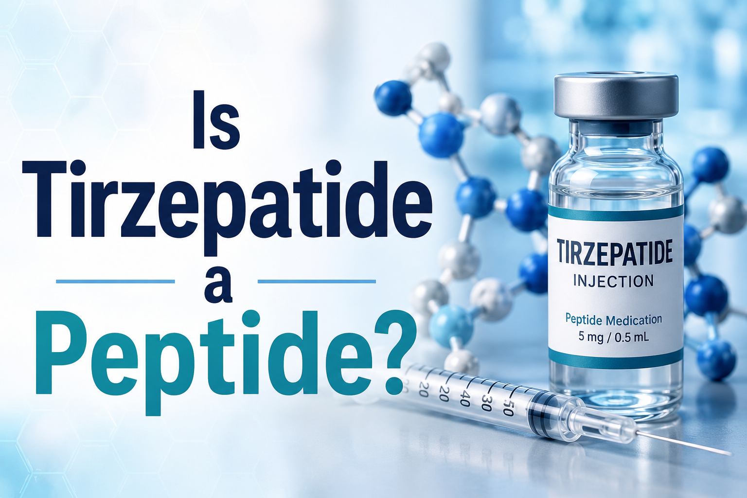 Illustration showing a tirzepatide injection vial and syringe beside a molecular peptide structure, with the text "Is Tirzepatide a Peptide?" displayed prominently on a blue and white medical-themed background.