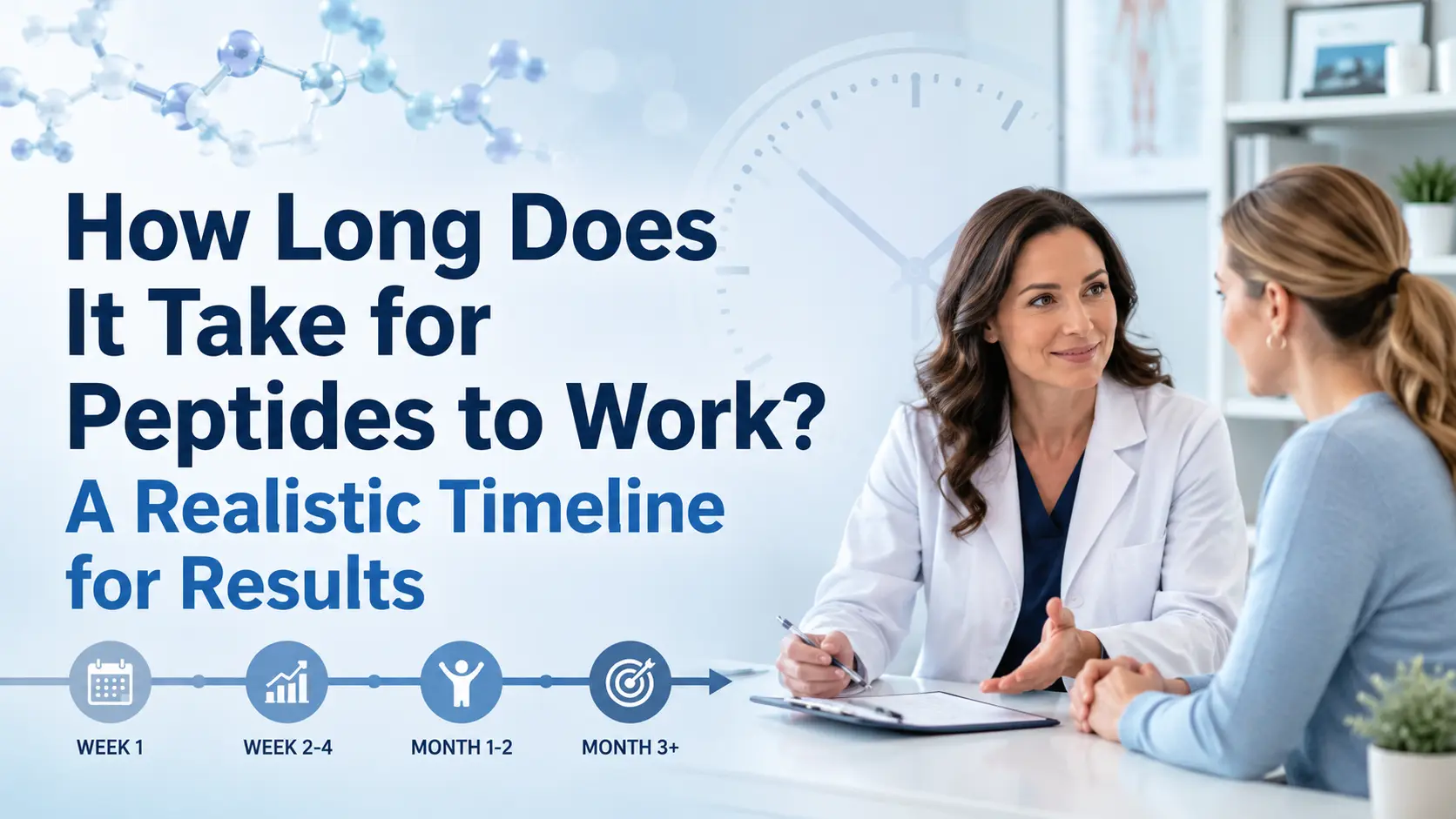 Doctor discussing peptide therapy with a patient beside a timeline graphic and the text “How Long Does It Take for Peptides to Work?”