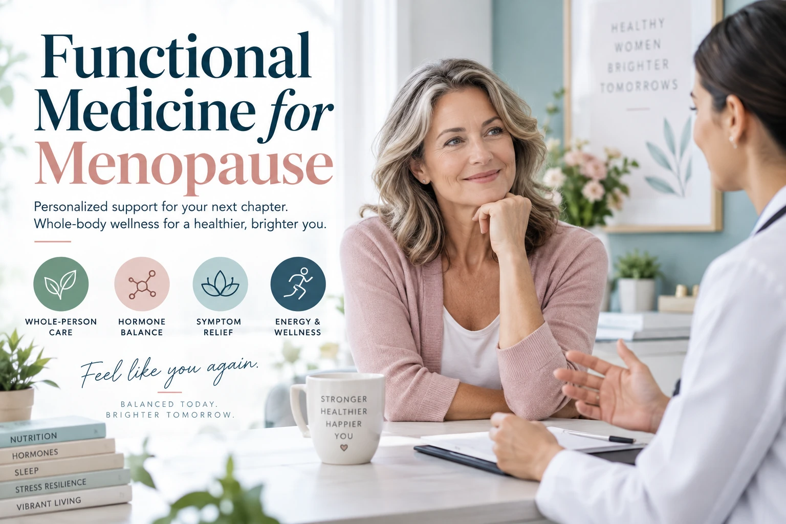 Middle-aged woman discussing menopause care with a doctor, alongside icons for whole-person care, hormone balance, symptom relief, and energy, with text reading “Functional Medicine for Menopause.”